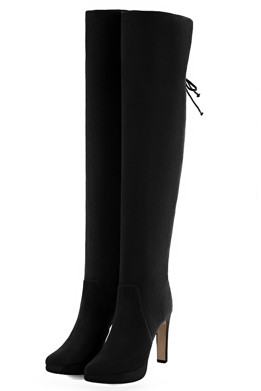Matt black women's leather thigh-high boots. Tapered toe. Very high slim heel with a platform at the front. Made to measure. Front view - Florence KOOIJMAN